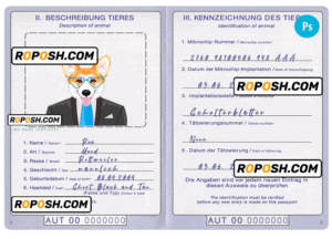 Austria dog (animal, pet) passport PSD template, fully editable