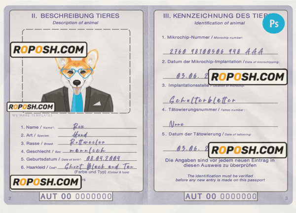 Austria dog (animal, pet) passport PSD template, fully editable
