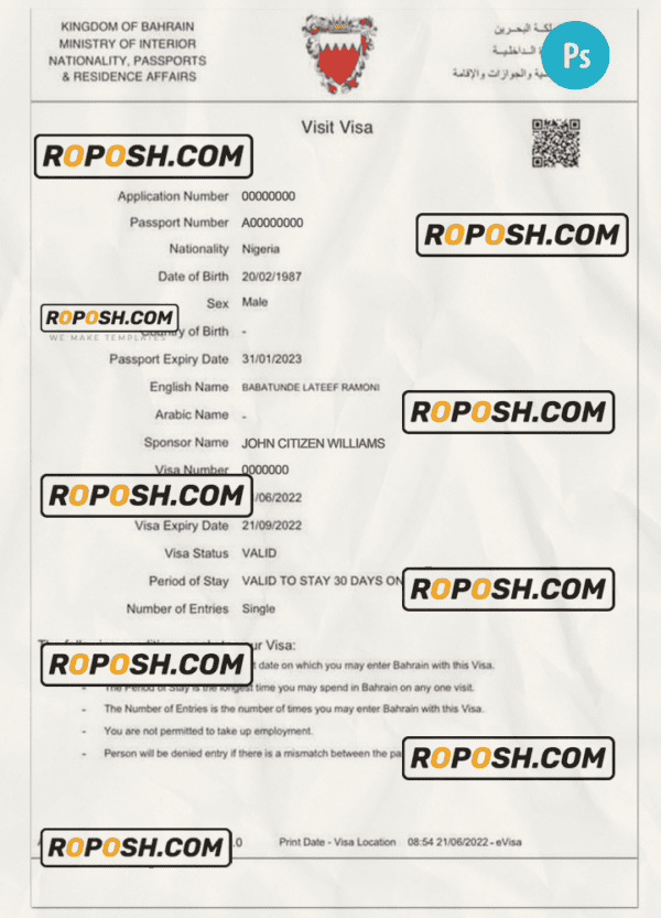 BAHRAIN eVisa PSD template, with fonts