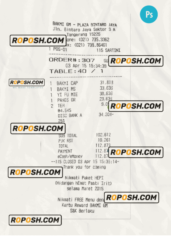 BAKMI GM PLAZA payment receipt PSD template