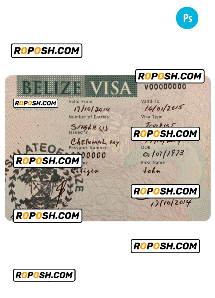 BELIZE travel visa PSD template, with fonts