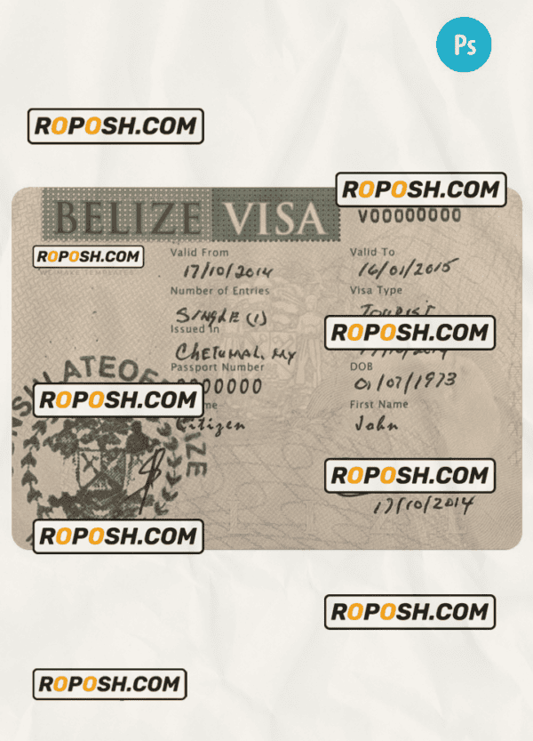 BELIZE travel visa PSD template, with fonts
