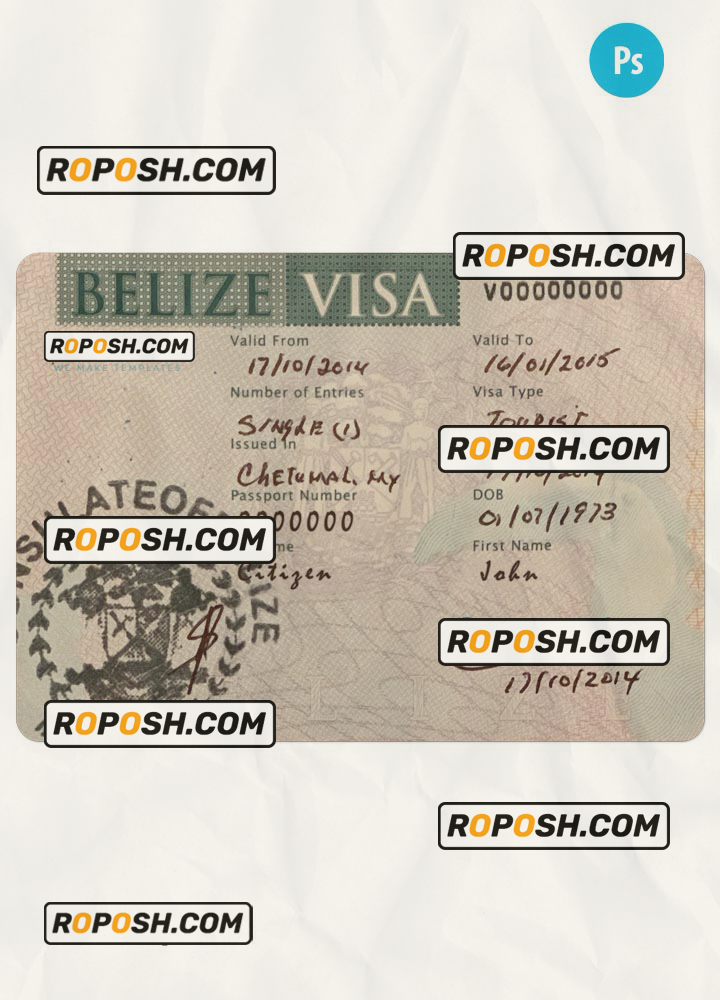 BELIZE travel visa PSD template, with fonts scan effect