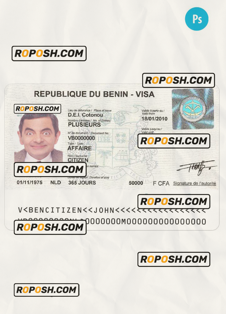 BENIN travel/entry visa PSD template, with fonts scan effect