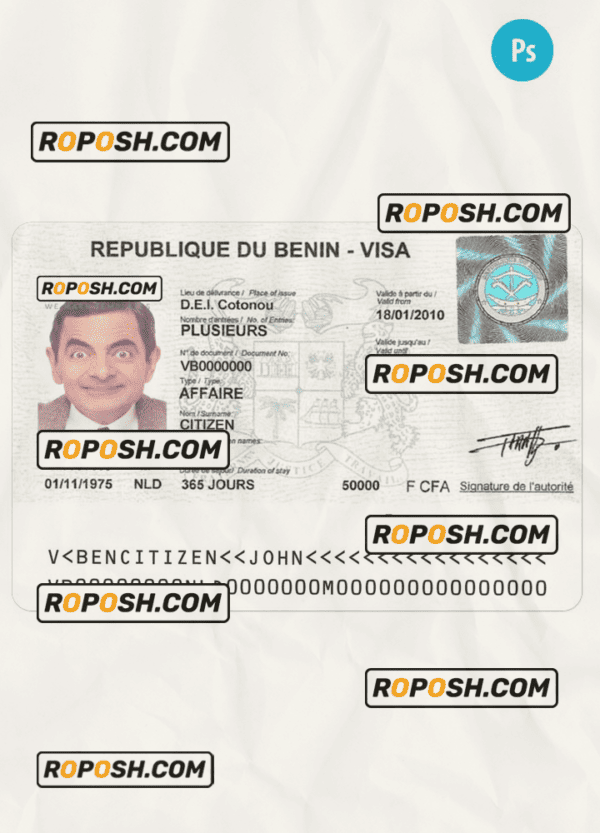 BENIN travel/entry visa PSD template, with fonts