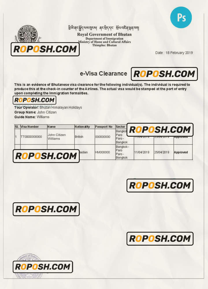 BHUTAN e-Visa PSD template, with fonts scan effect