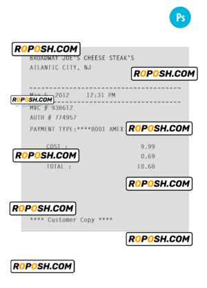 BROADWAY JOE’S CHEESE STEAK’S payment receipt PSD template