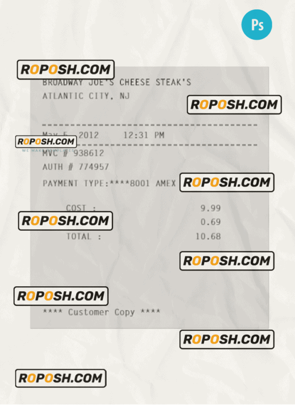 BROADWAY JOE’S CHEESE STEAK’S payment receipt PSD template