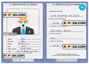 Bahamas dog (animal, pet) passport PSD template, fully editable
