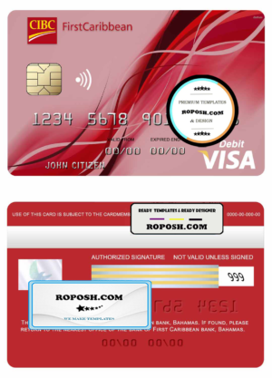 Bahamas First Caribbean bank visa debit card template in PSD format, fully editable