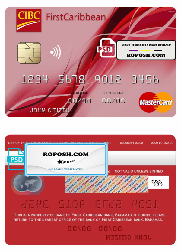 Bahamas First Caribbean bank mastercard credit card template in PSD format, fully editable