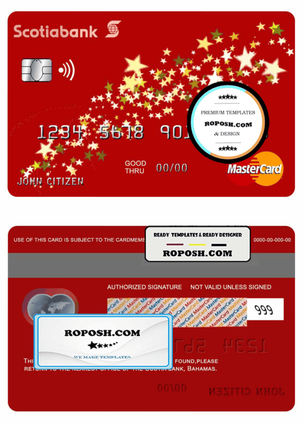 Bahamas Scotia bank mastercard template in PSD format, fully editable