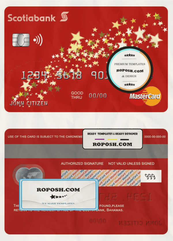 Bahamas Scotia bank mastercard template in PSD format, fully editable