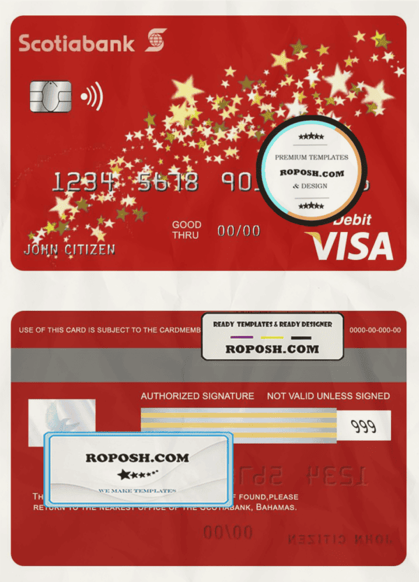 Bahamas Scotia bank visa debit card template in PSD format, fully editable