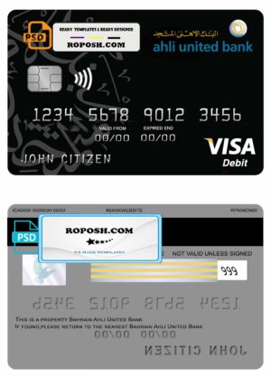 Bahrain Ahli United bank visa card template in PSD format, fully editable