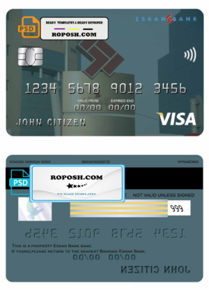 Bahrain Eskan bank visa card template in PSD format, fully editable