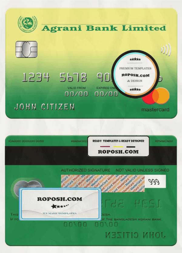 Bangladesh Agrani bank mastercard template in PSD format, fully editable