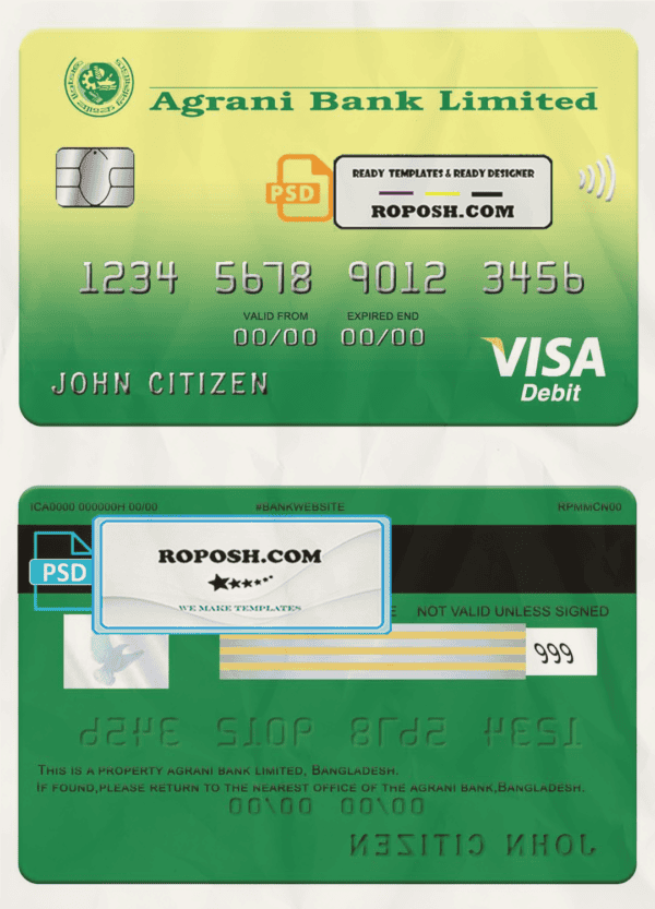 Bangladesh Agrani bank visa card template in PSD format, fully editable