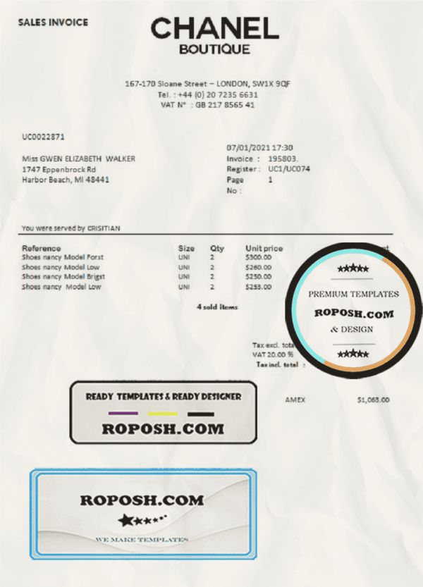 Sales Invoice Chanel Boutique template in Word format