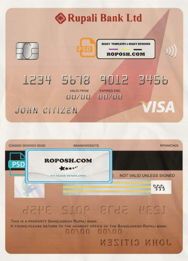Bangladesh Rupali bank visa card template in PSD format, fully editable scan effect