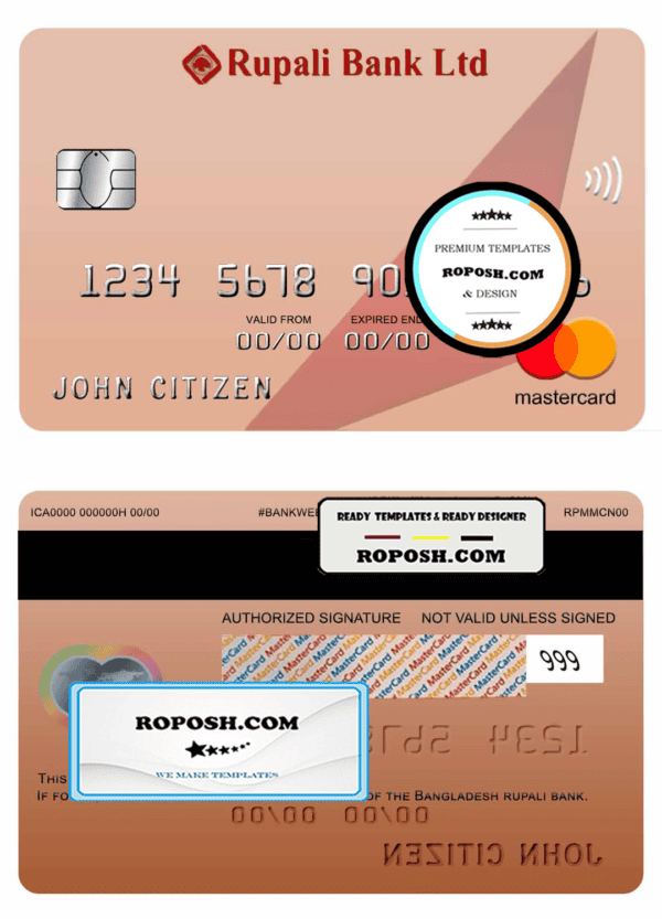Bangladesh Rupali bank mastercard template in PSD format, fully editable