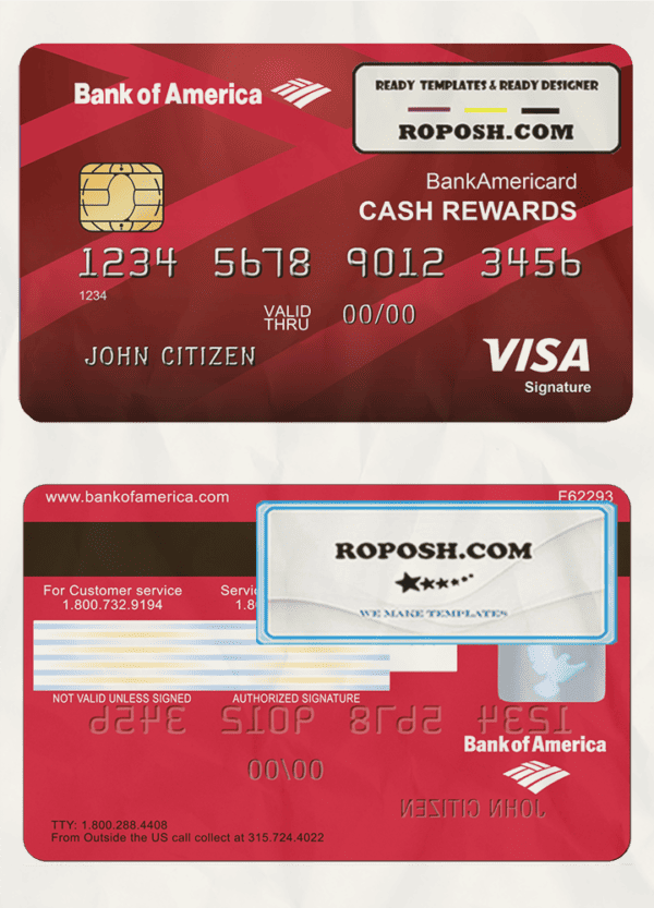 USA Bank of America Visa Card template in PSD format, fully editable