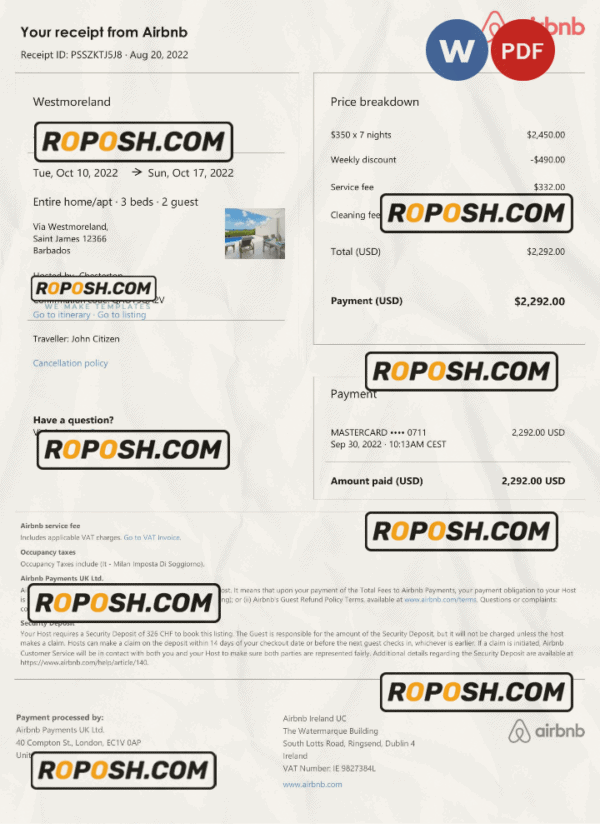 Barbados Airbnb booking confirmation Word and PDF template