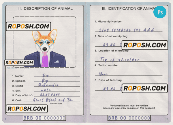 Barbados dog (animal, pet) passport PSD template, fully editable