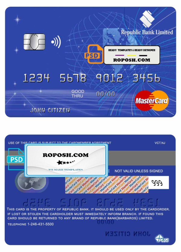Barbados Republic Bank mastercard template in PSD format, fully editable