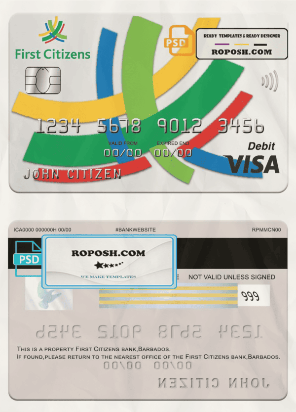 Barbados first Citizens bank visa card template in PSD format, fully editable