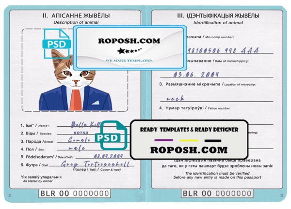 Belarus cat (animal, pet) passport PSD template, fully editable