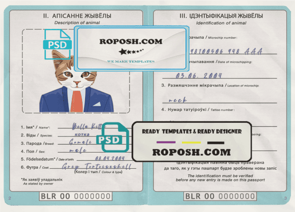 Belarus cat (animal, pet) passport PSD template, fully editable