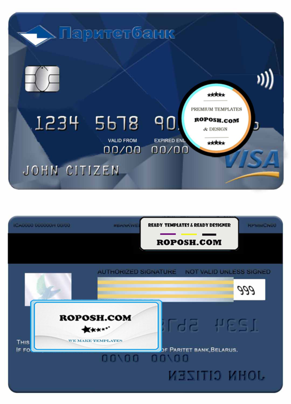 Belarus Paritet bank visa card template in PSD format, fully editable