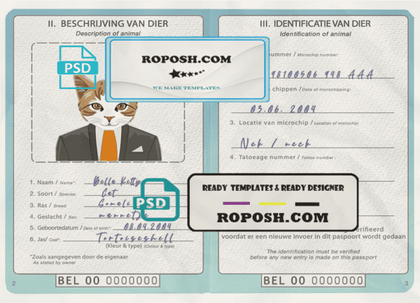 Belgium cat (animal, pet) passport PSD template, fully editable