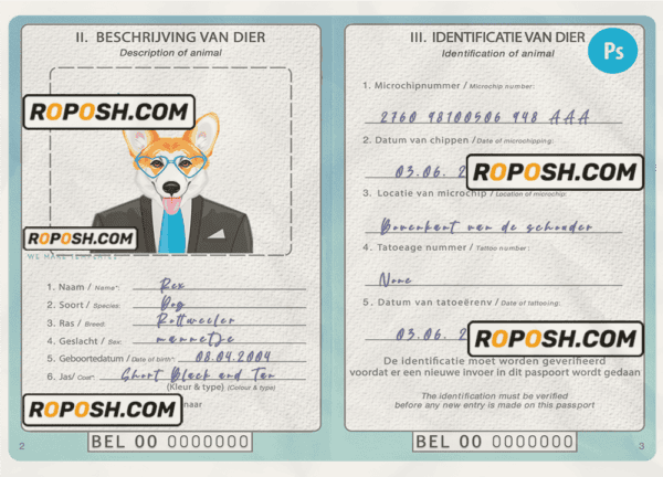 Belgium dog (animal, pet) passport PSD template, fully editable