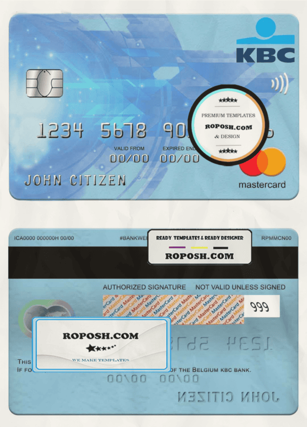 Belgium KBC bank mastercard template in PSD format, fully editable