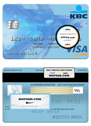 Belgium KBC bank visa card template in PSD format, fully editable