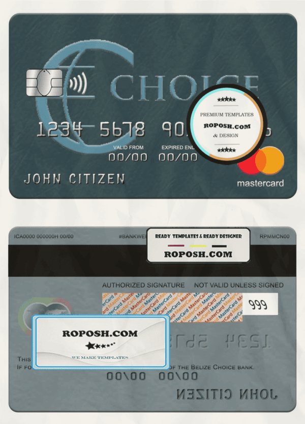 Belize Choice bank mastercard template in PSD format, fully editable