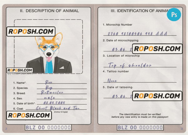 Belize dog (animal, pet) passport PSD template, completely editable