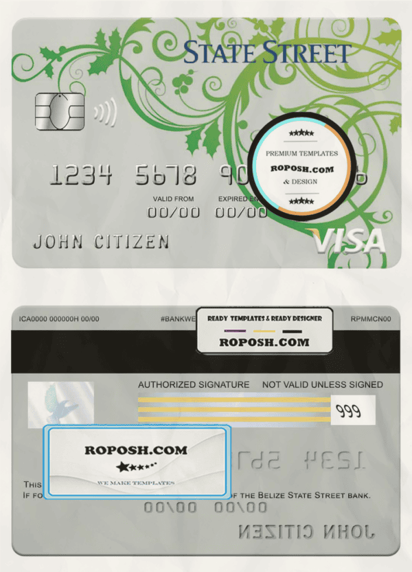 Belize State street bank visa card template in PSD format, fully editable