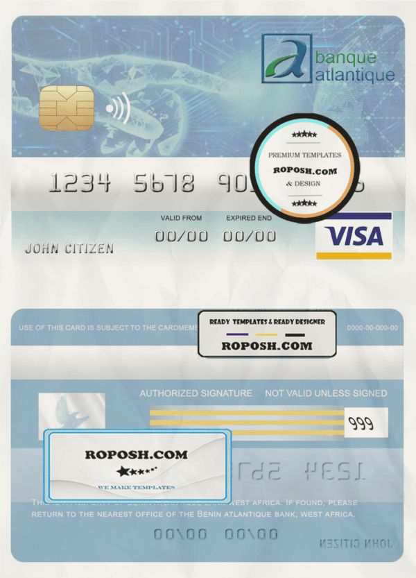 Benin Atlantique bank visa card template in PSD format, fully editable