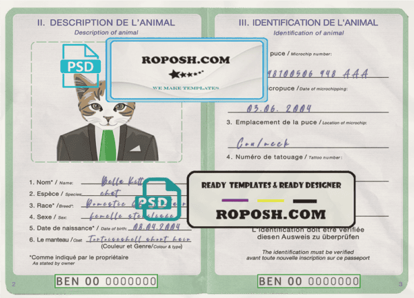 Benin cat (animal, pet) passport PSD template, fully editable