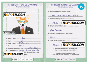 Benin dog (animal, pet) passport PSD template, completely editable