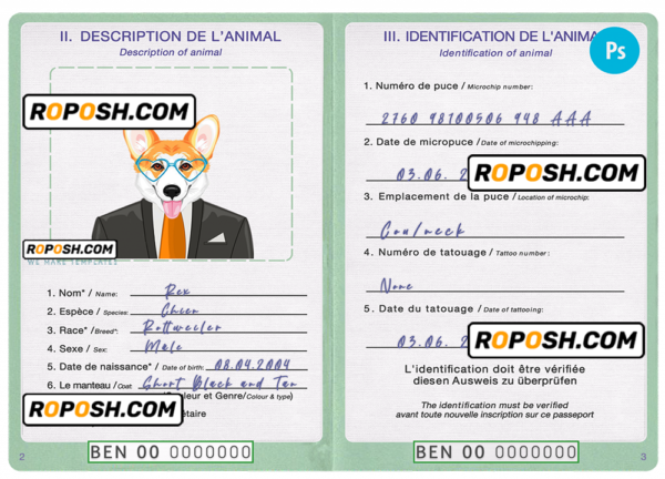 Benin dog (animal, pet) passport PSD template, completely editable