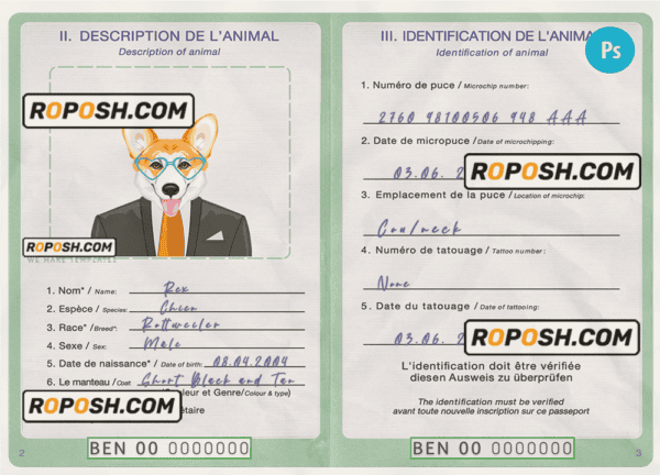 Benin dog (animal, pet) passport PSD template, completely editable