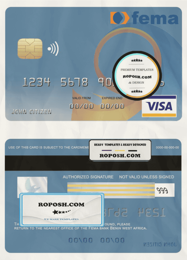 Benin Fema bank visa card template in PSD format, fully editable