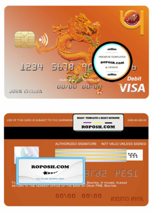 Bhutan Druk PNB bank visa card template in PSD format, fully editable