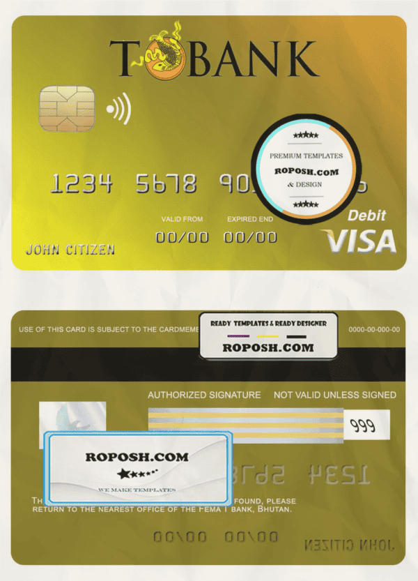 Bhutan T bank visa card template in PSD format, fully editable