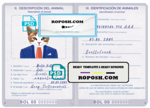 Bolivia cat (animal, pet) passport PSD template, completely editable