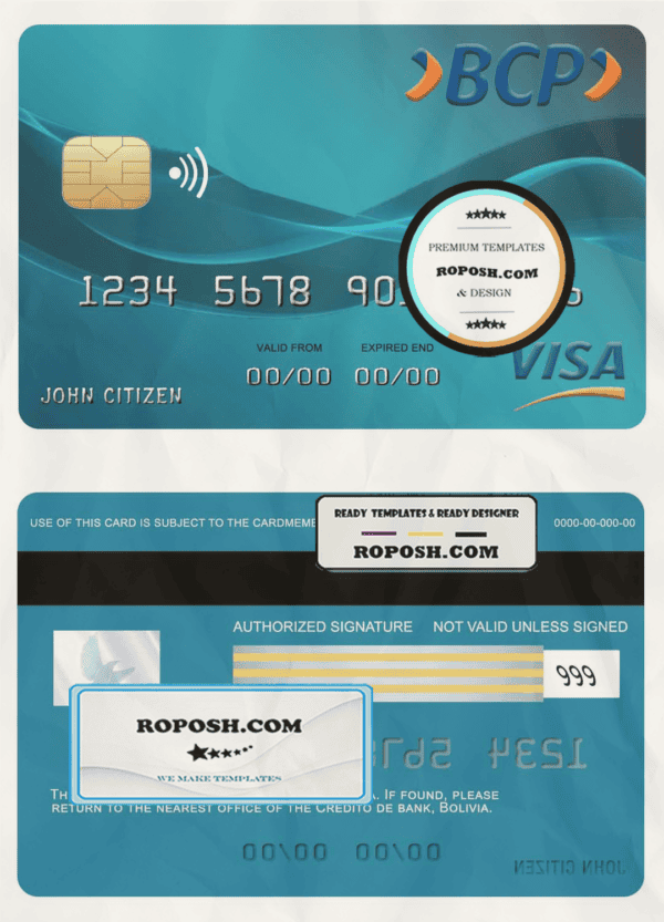 Bolivia Credito bank visa card template in PSD format, fully editable